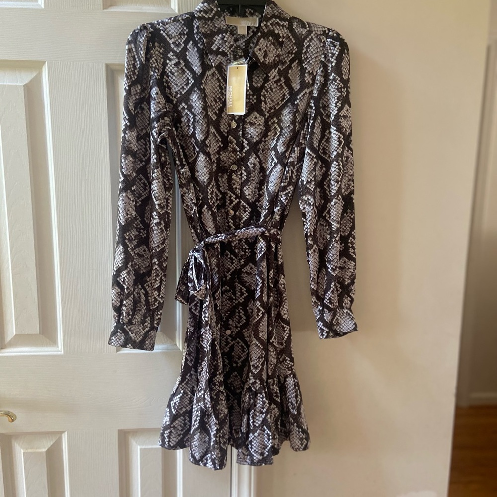 MICHAEL Michael Kors Gray Black Ruffled Wrap Dress